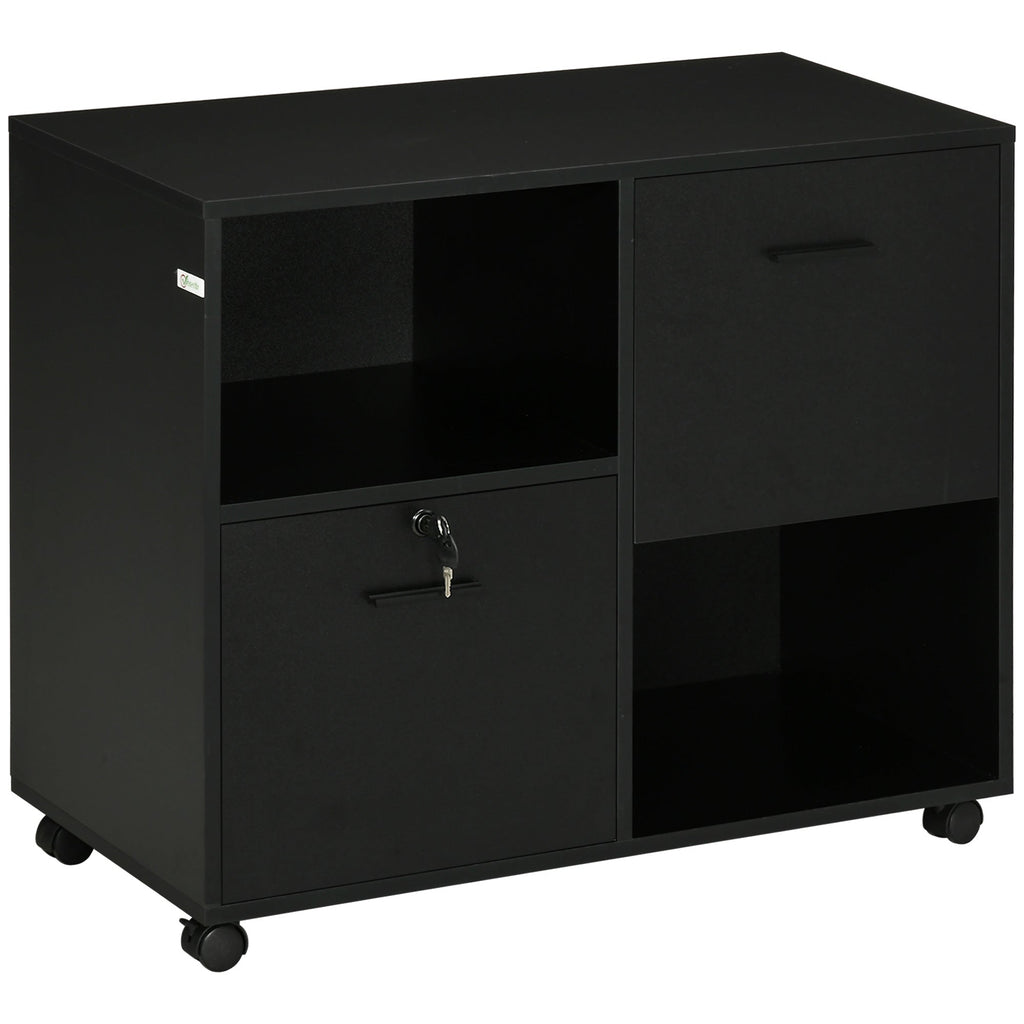 Mobile Printer Stand, Lateral File Cabinet with Lock, Filing Cabinet with Hanging Bars for Letter, A4 Size, Black