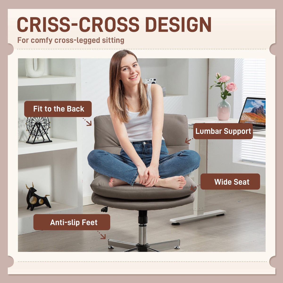 Armless Office Chair, Criss Cross Chair with Adjustable Height & Tilt Function for Home Office, Study, Grey