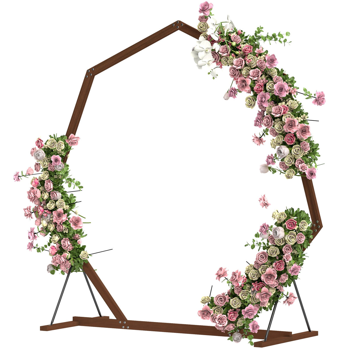 7FT Heptagon Wooden Wedding Arch with Triangular Base, Ground Stakes for Ceremony, Garden, Birthday, Brown