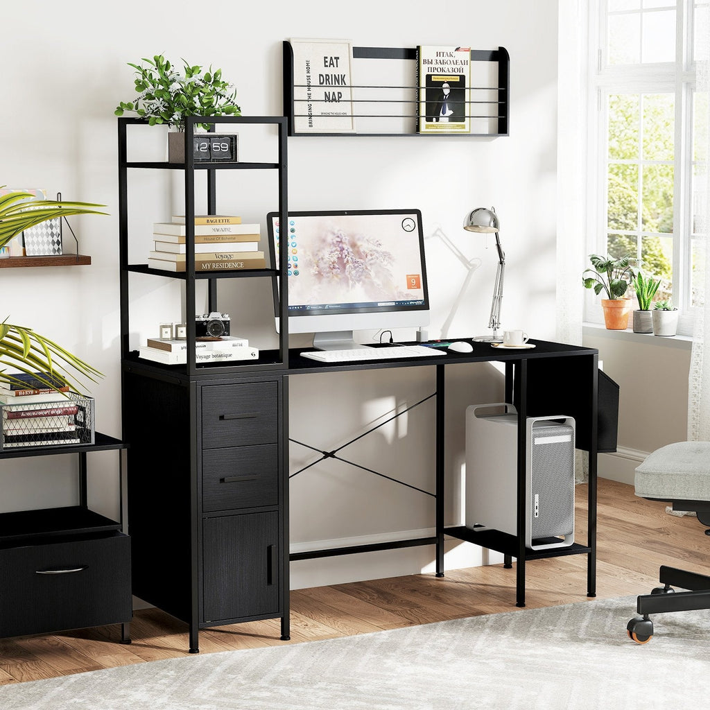 Office Desk with LED Lights and Power Outlets Computer Desk with Open Shelves-Black