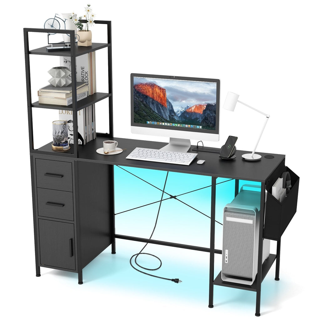 Office Desk with LED Lights and Power Outlets Computer Desk with Open Shelves-Black