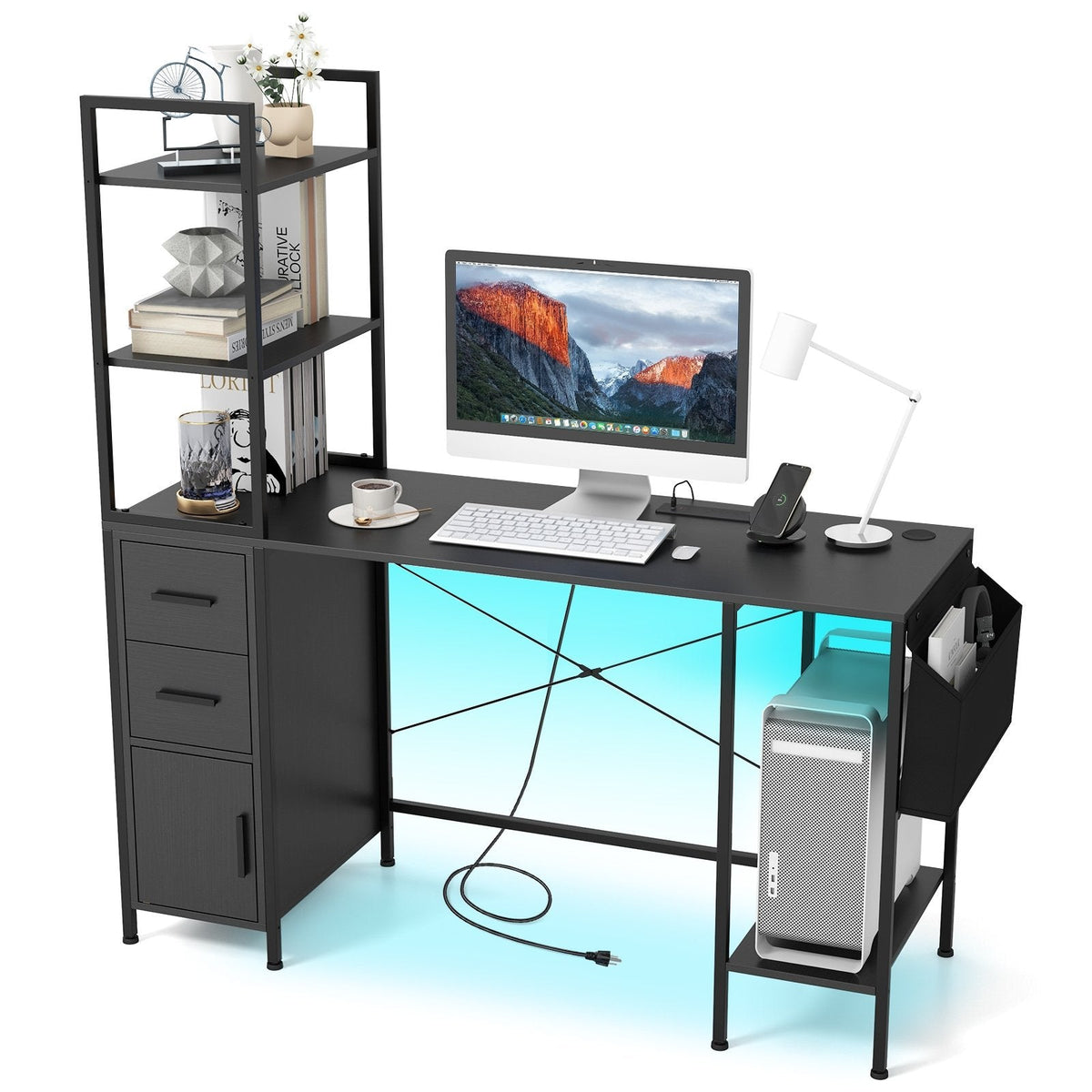 Office Desk with LED Lights and Power Outlets Computer Desk with Open Shelves-Black