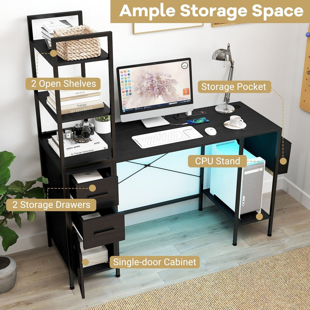 Office Desk with LED Lights and Power Outlets Computer Desk with Open Shelves-Black