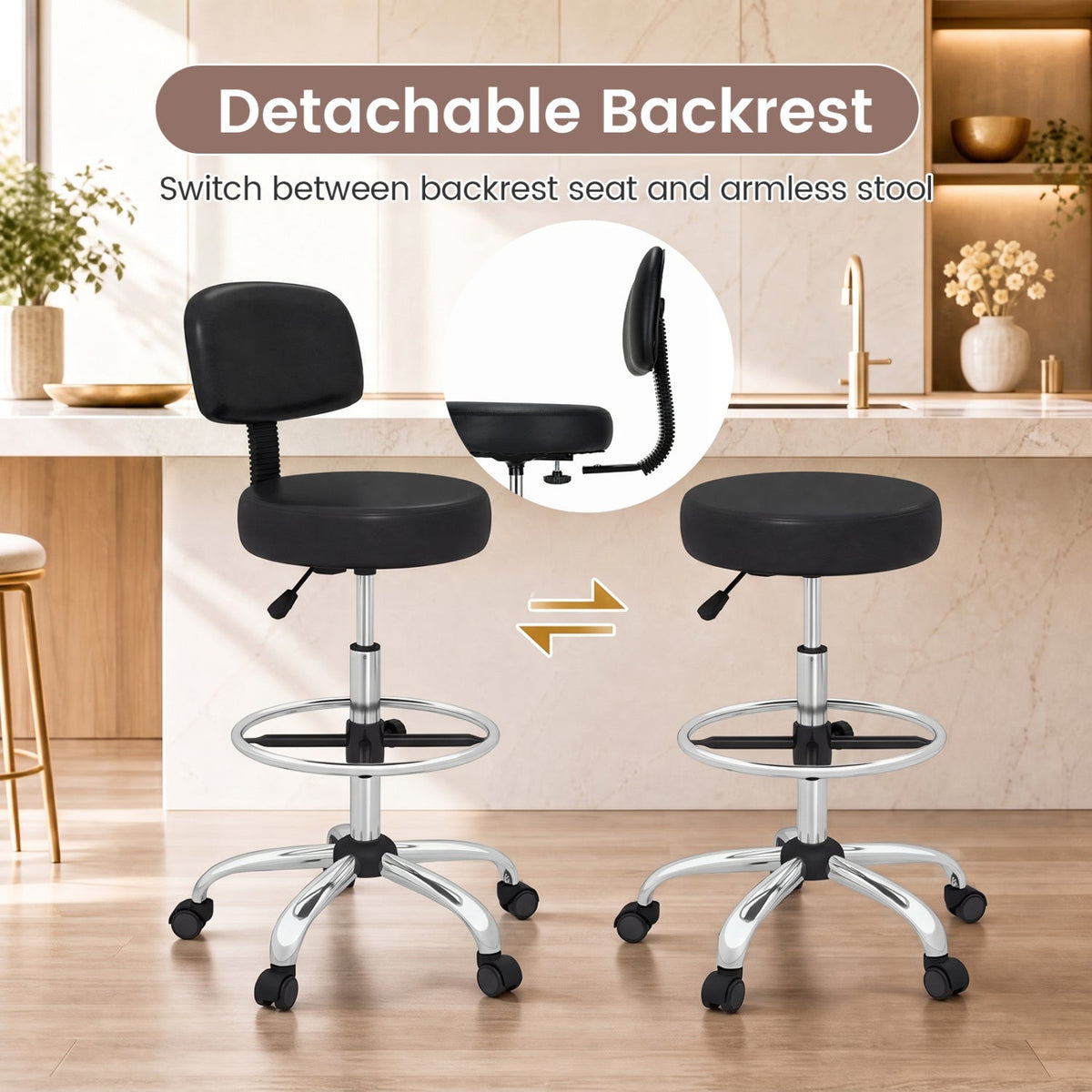 Office Drafting Chair with Back & Adjustable Footring and Wheels for Desk-Silver