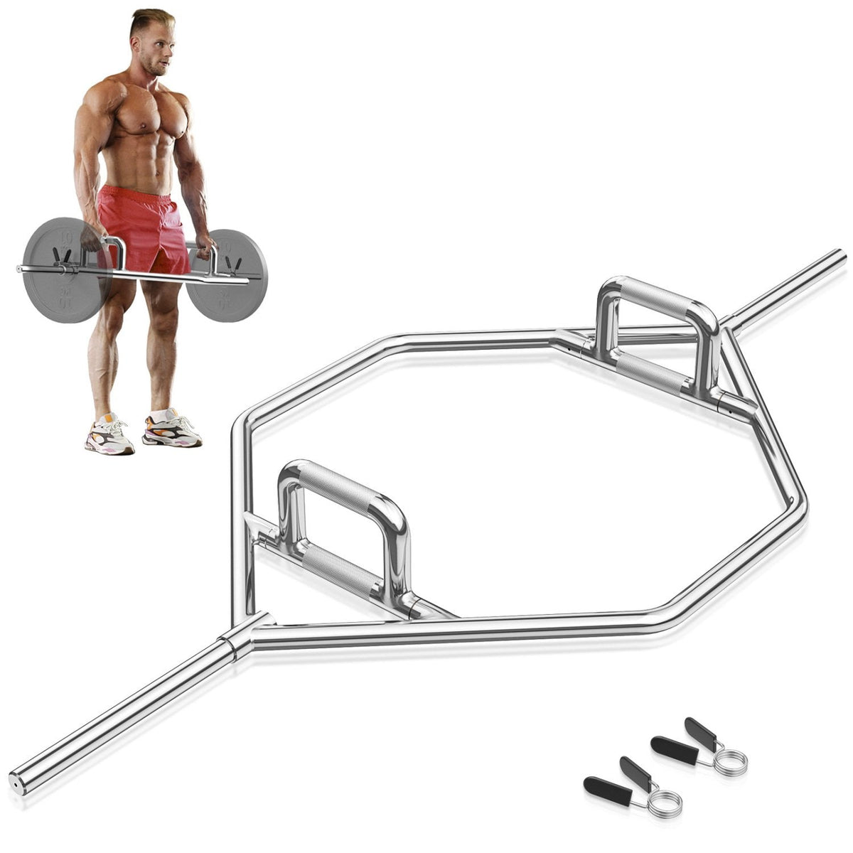 Standard Hex Trap Bar with 2 Spring Collars and Foldable Handle-Silver