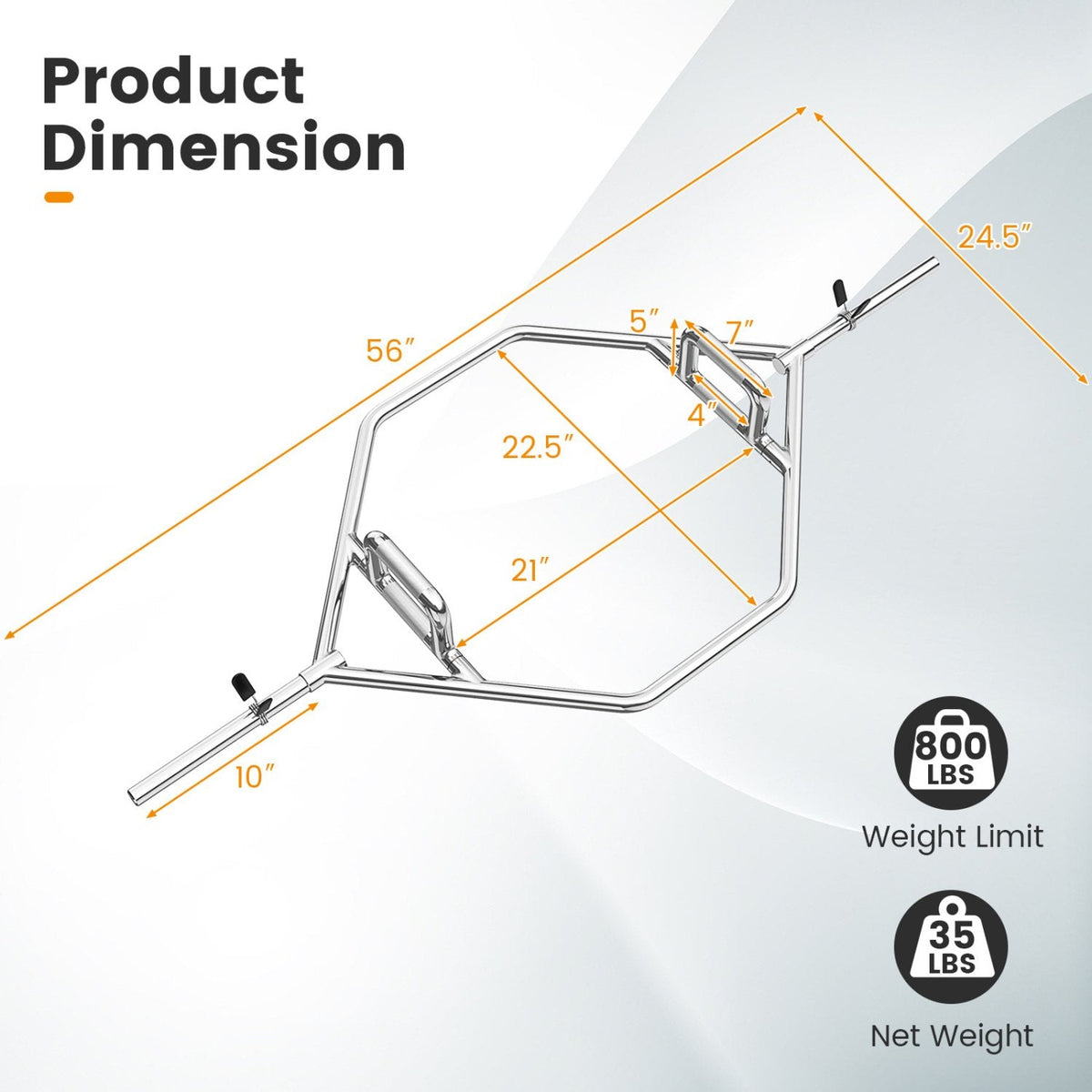 Standard Hex Trap Bar with 2 Spring Collars and Foldable Handle-Silver