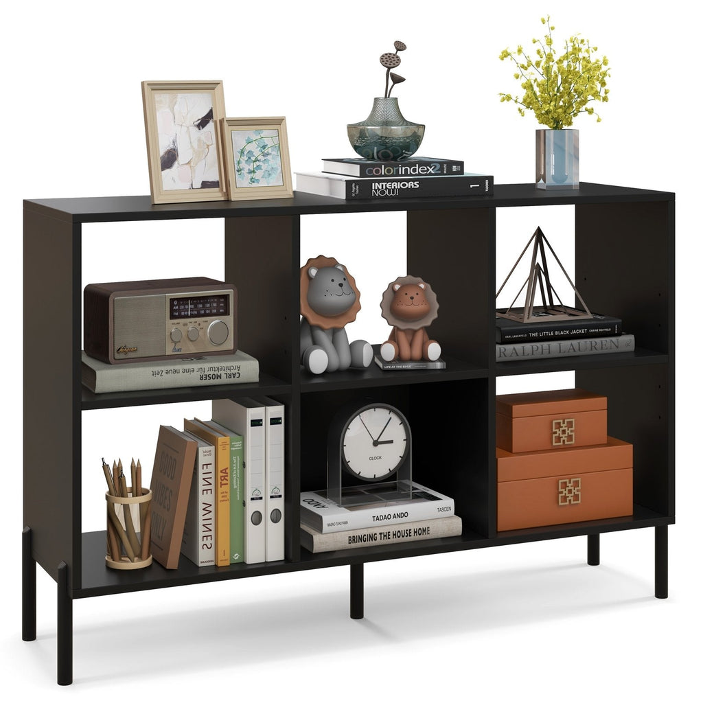 Open Back 6 Cube Bookshelf in Black, 47 Inch Low Bookcase on Metal Legs