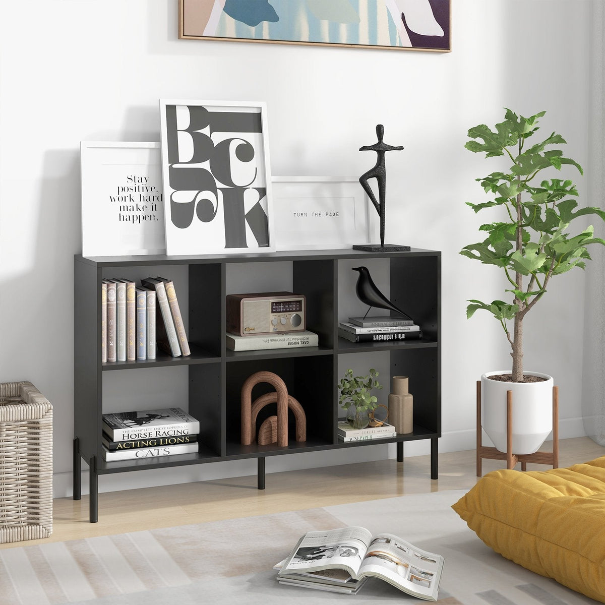 Open Back 6 Cube Bookshelf in Black, 47 Inch Low Bookcase on Metal Legs