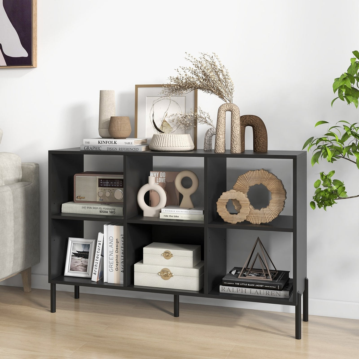 Open Back 6 Cube Bookshelf in Black, 47 Inch Low Bookcase on Metal Legs