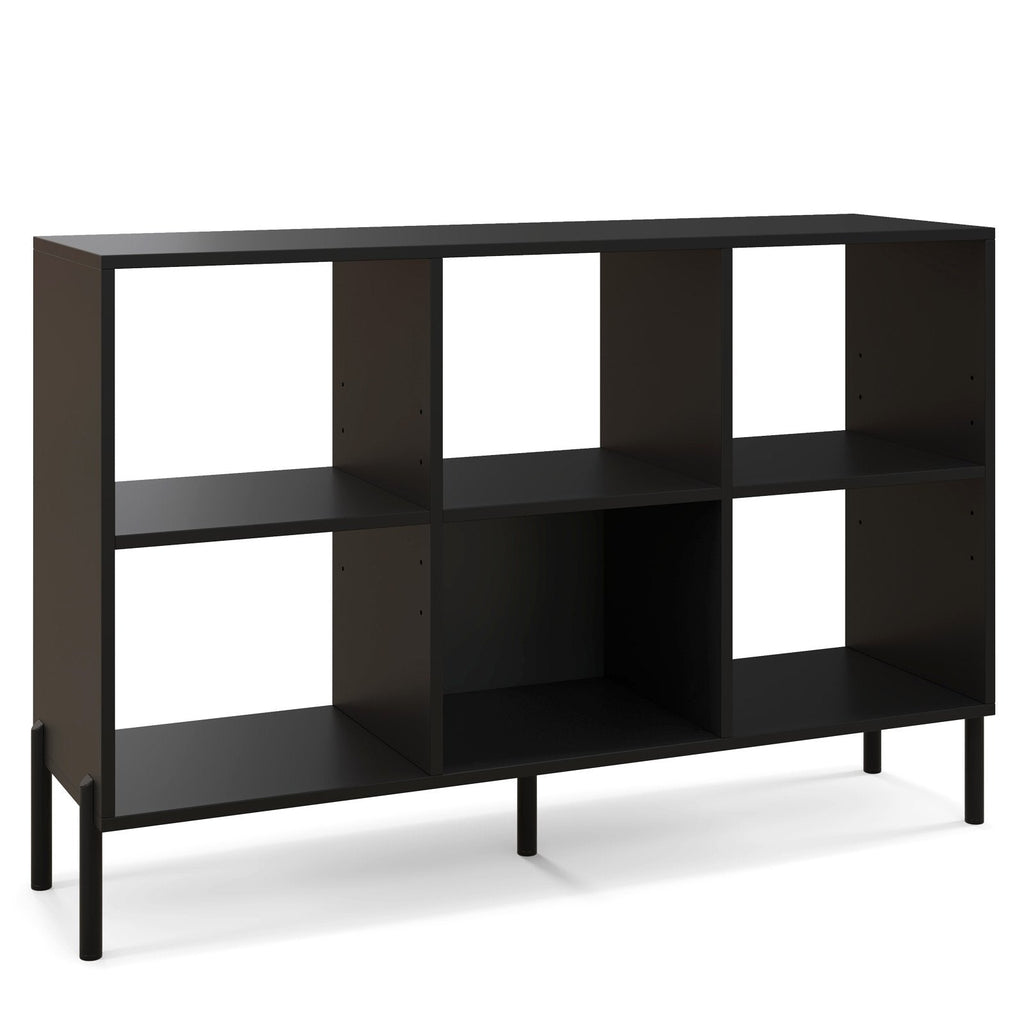 Open Back 6 Cube Bookshelf in Black, 47 Inch Low Bookcase on Metal Legs