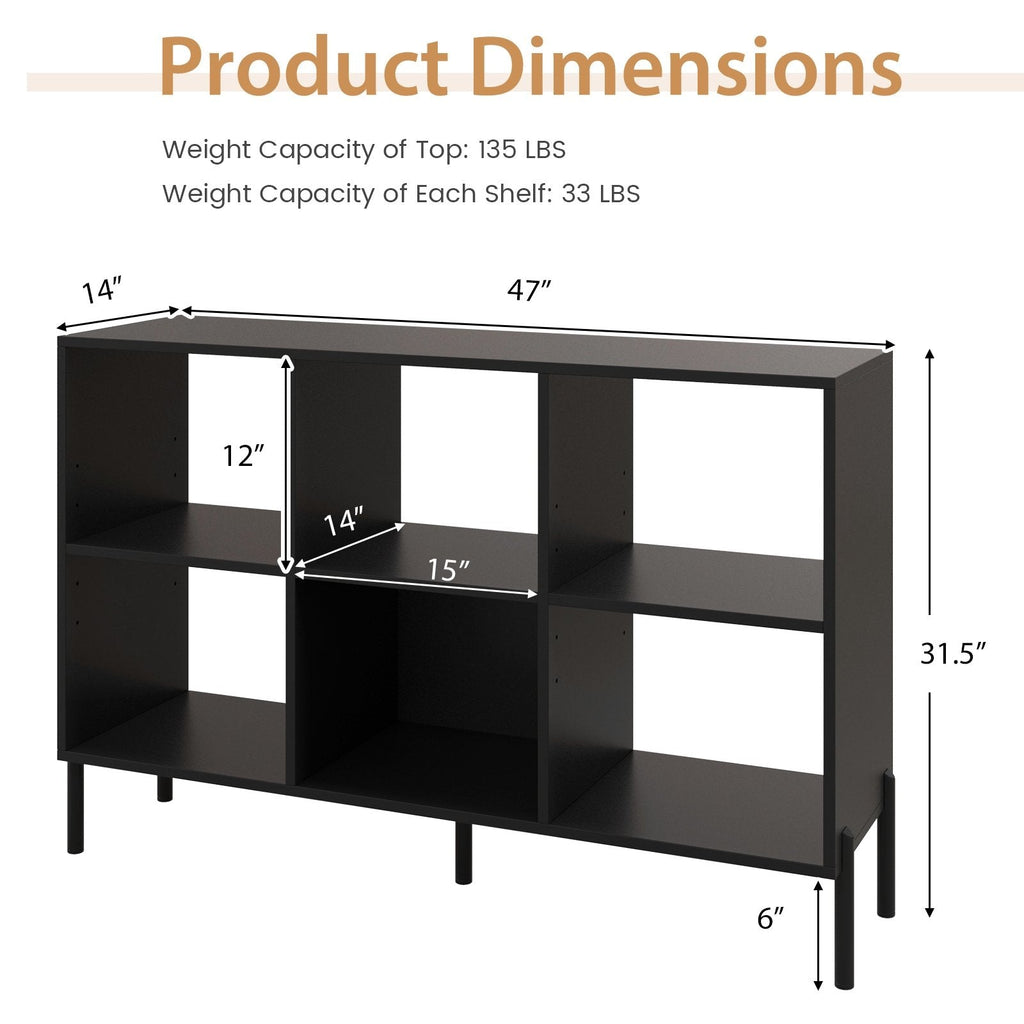 Open Back 6 Cube Bookshelf in Black, 47 Inch Low Bookcase on Metal Legs