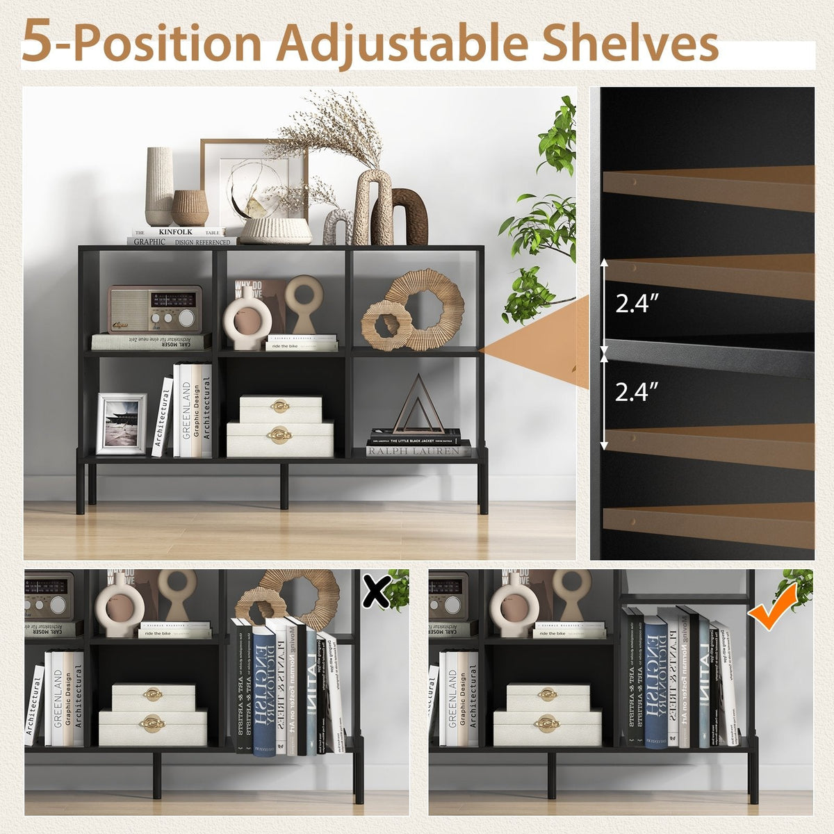 Open Back 6 Cube Bookshelf in Black, 47 Inch Low Bookcase on Metal Legs