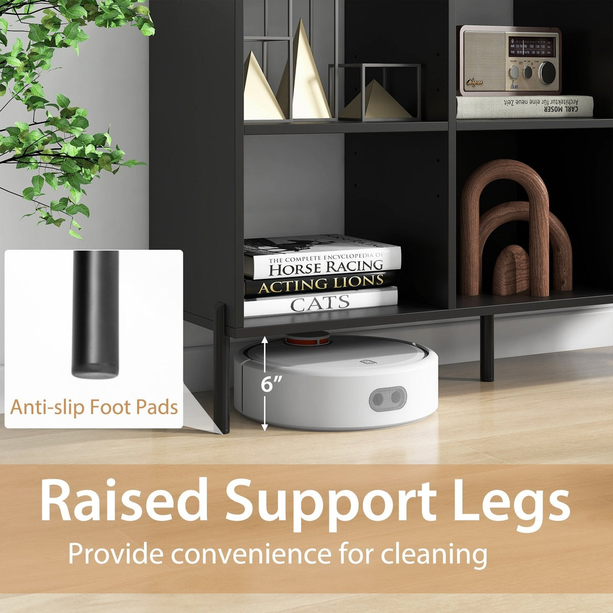 Open Back 6 Cube Bookshelf in Black, 47 Inch Low Bookcase on Metal Legs
