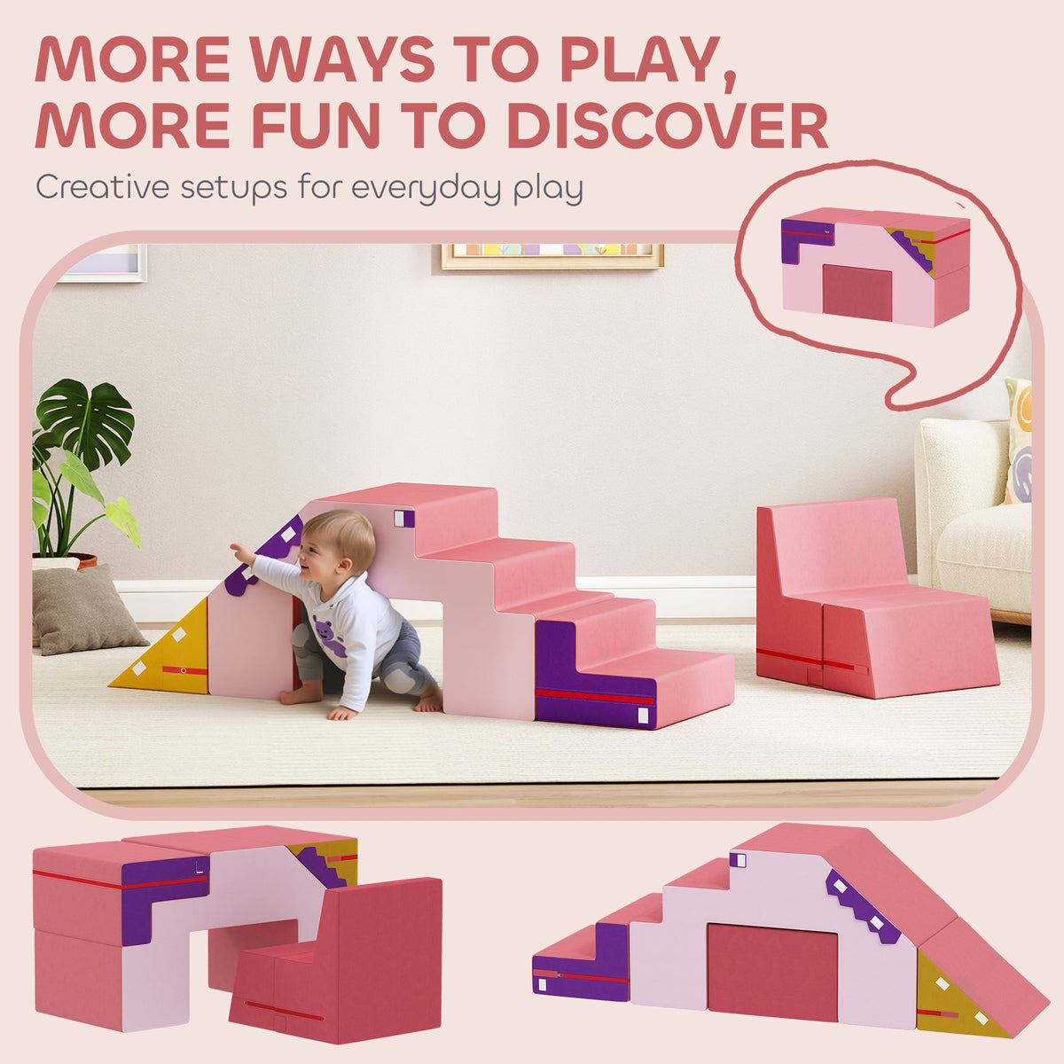 2-Piece Climbing Foam Blocks for Toddlers with Detachable Cover, Indoor Climb and Crawl Activity PlaySet, Pink