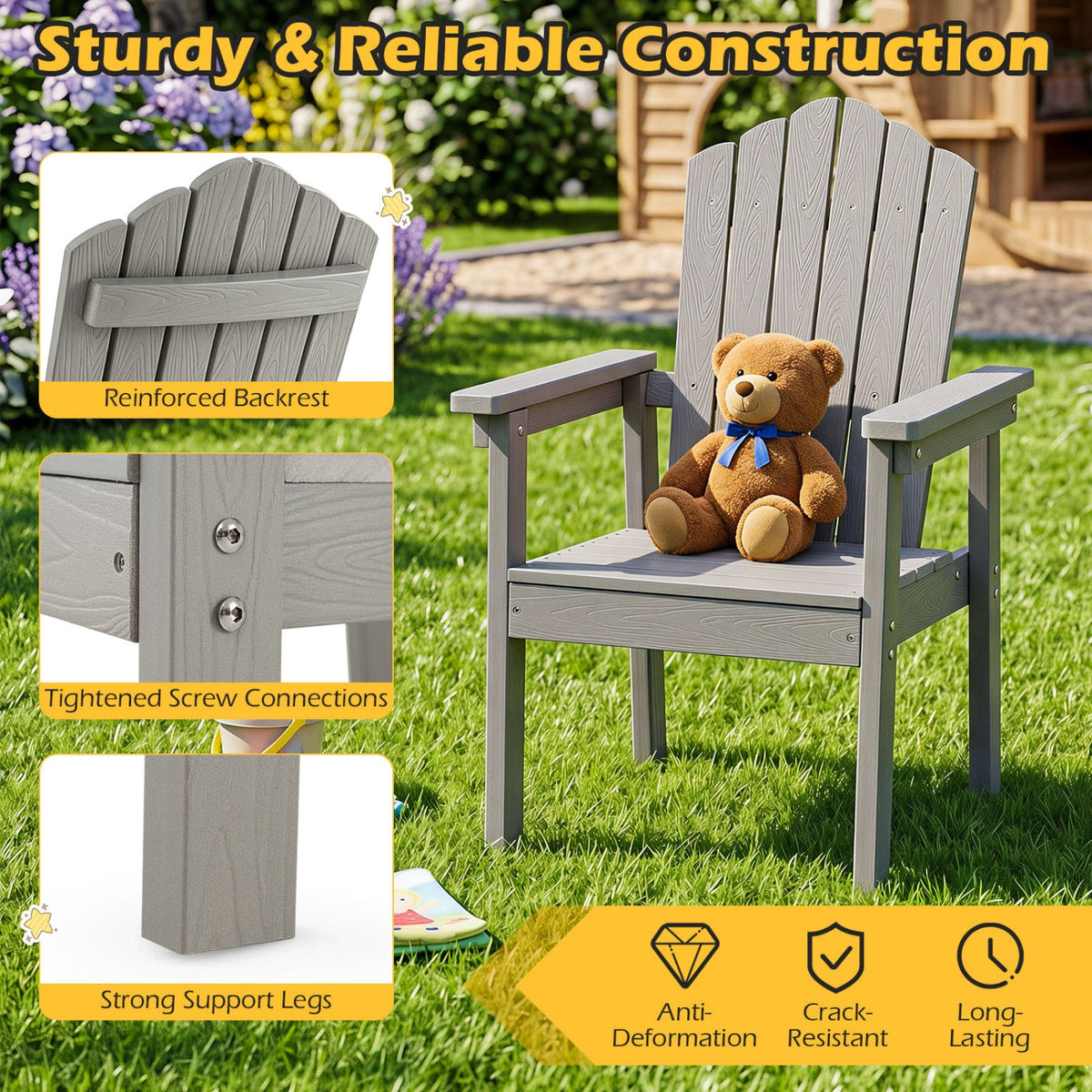 Outdoor Adirondack Chair with High Backrest and Wide Armrests for Deck Poolside-Silver