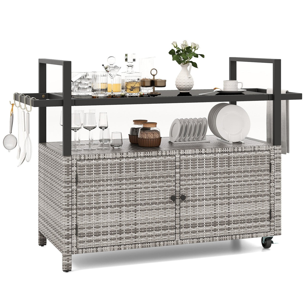 Outdoor Bar Cart Wicker Buffet Serving Cart with Cabinet and 8 Hooks-Gray
