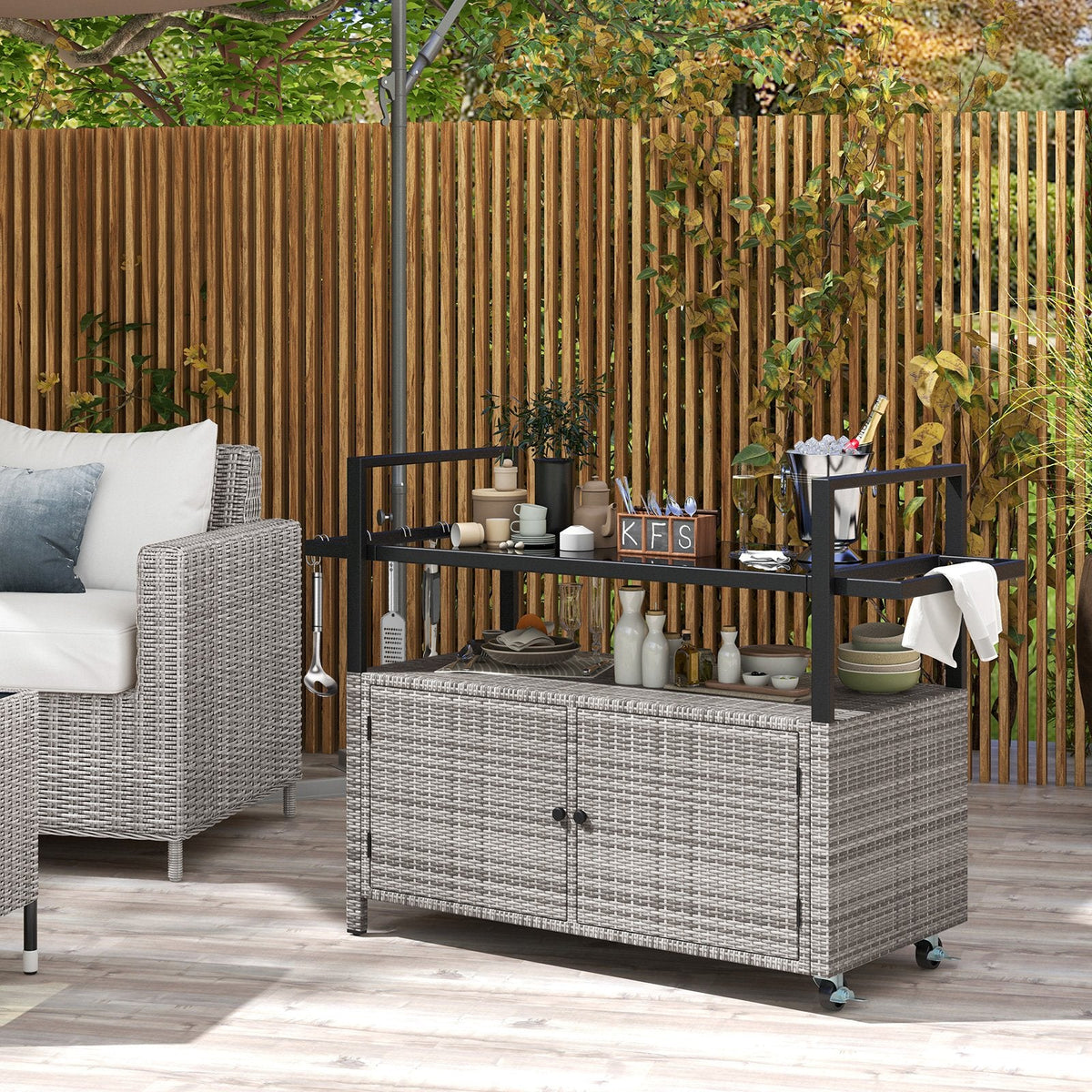Outdoor Bar Cart Wicker Buffet Serving Cart with Cabinet and 8 Hooks-Gray