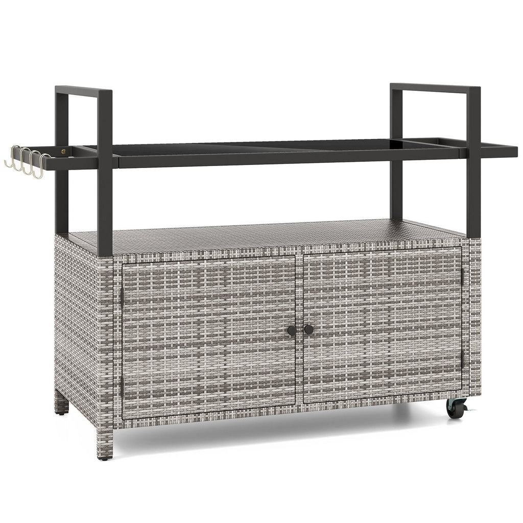Outdoor Bar Cart Wicker Buffet Serving Cart with Cabinet and 8 Hooks-Gray