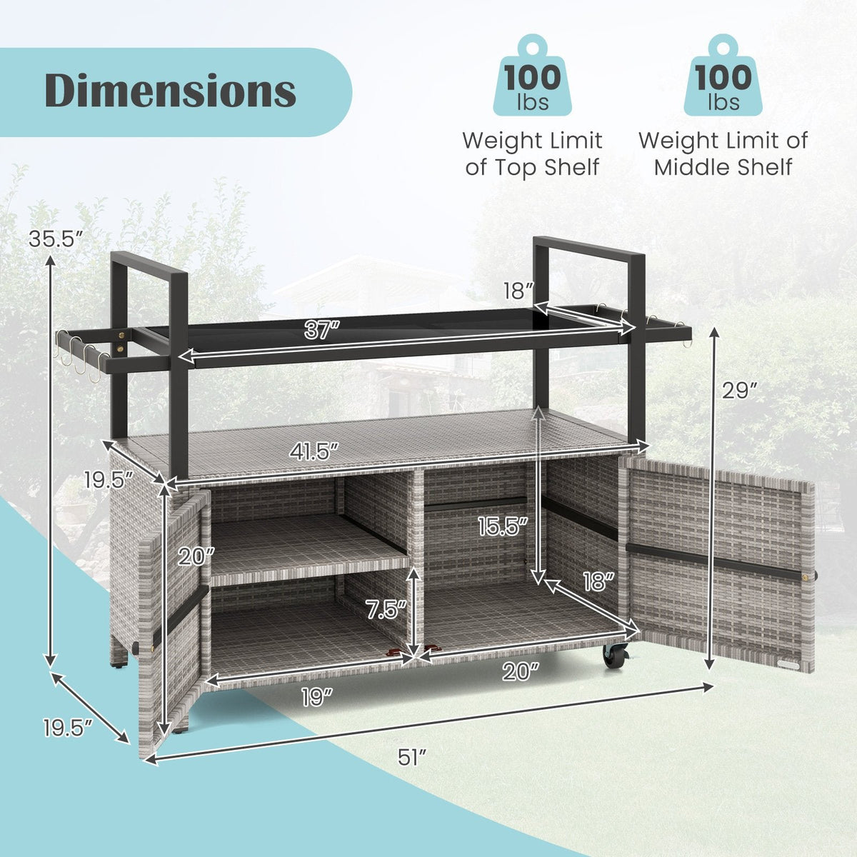Outdoor Bar Cart Wicker Buffet Serving Cart with Cabinet and 8 Hooks-Gray