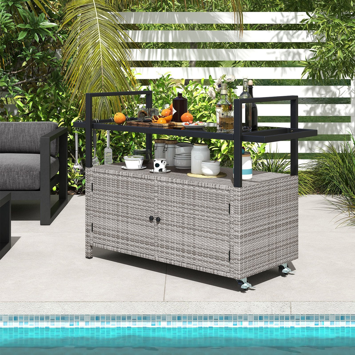 Outdoor Bar Cart Wicker Buffet Serving Cart with Cabinet and 8 Hooks-Gray