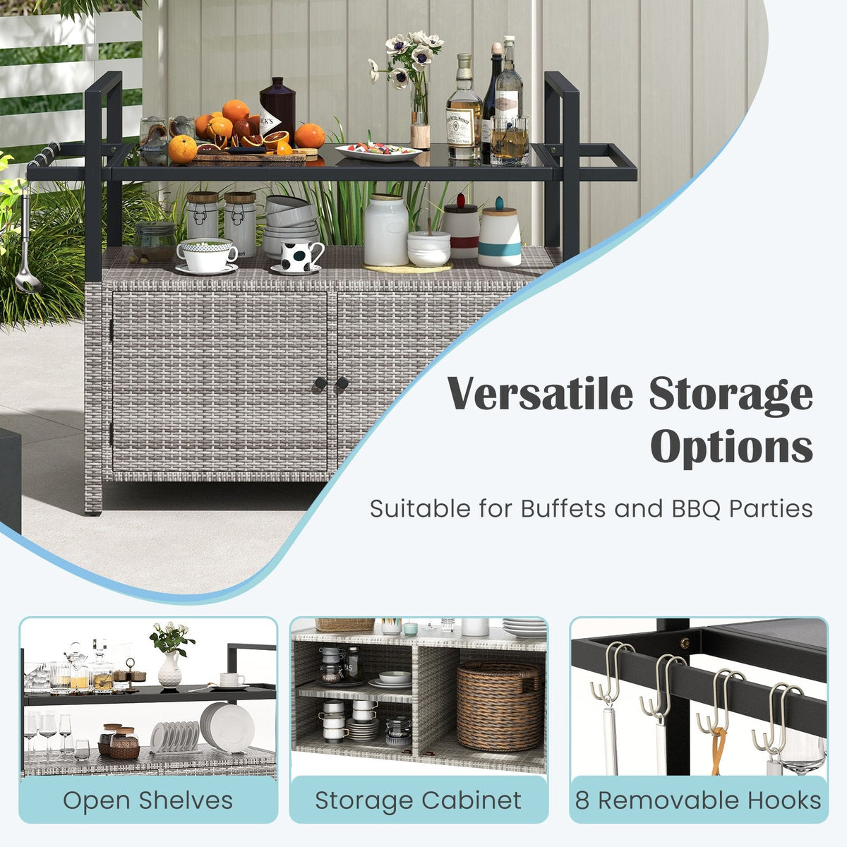 Outdoor Bar Cart Wicker Buffet Serving Cart with Cabinet and 8 Hooks-Gray
