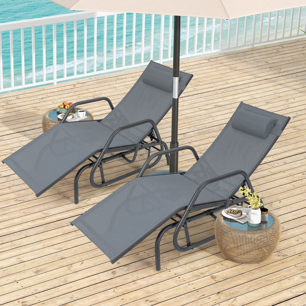 Outdoor Glider Chaise Lounge with Armrests and Adjustable Pillow, Gray