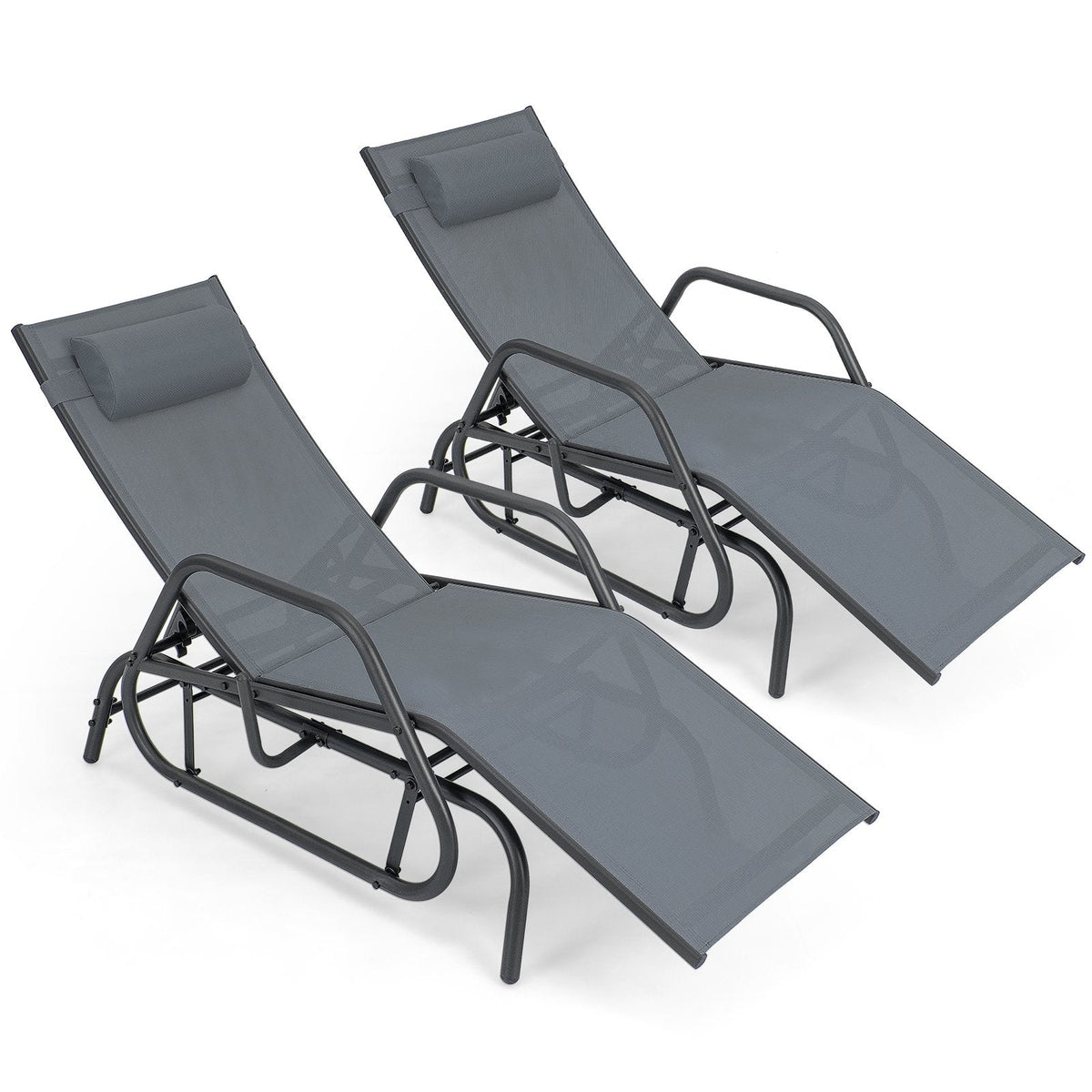 Outdoor Glider Chaise Lounge with Armrests and Adjustable Pillow, Gray