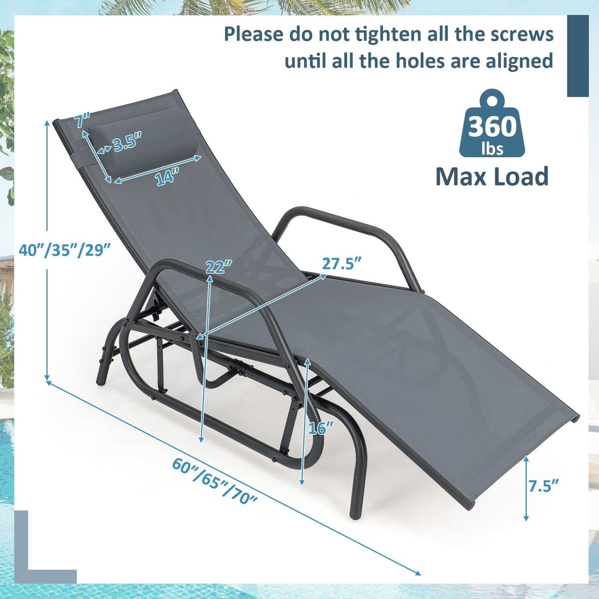 Outdoor Glider Chaise Lounge with Armrests and Adjustable Pillow, Gray