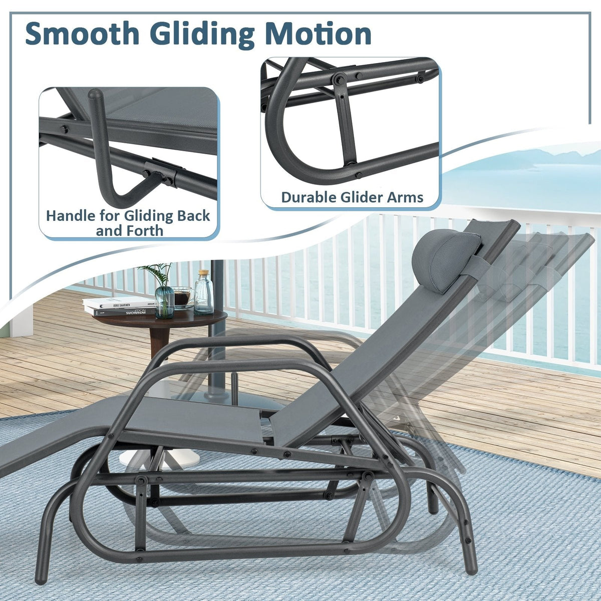 Outdoor Glider Chaise Lounge with Armrests and Adjustable Pillow, Gray