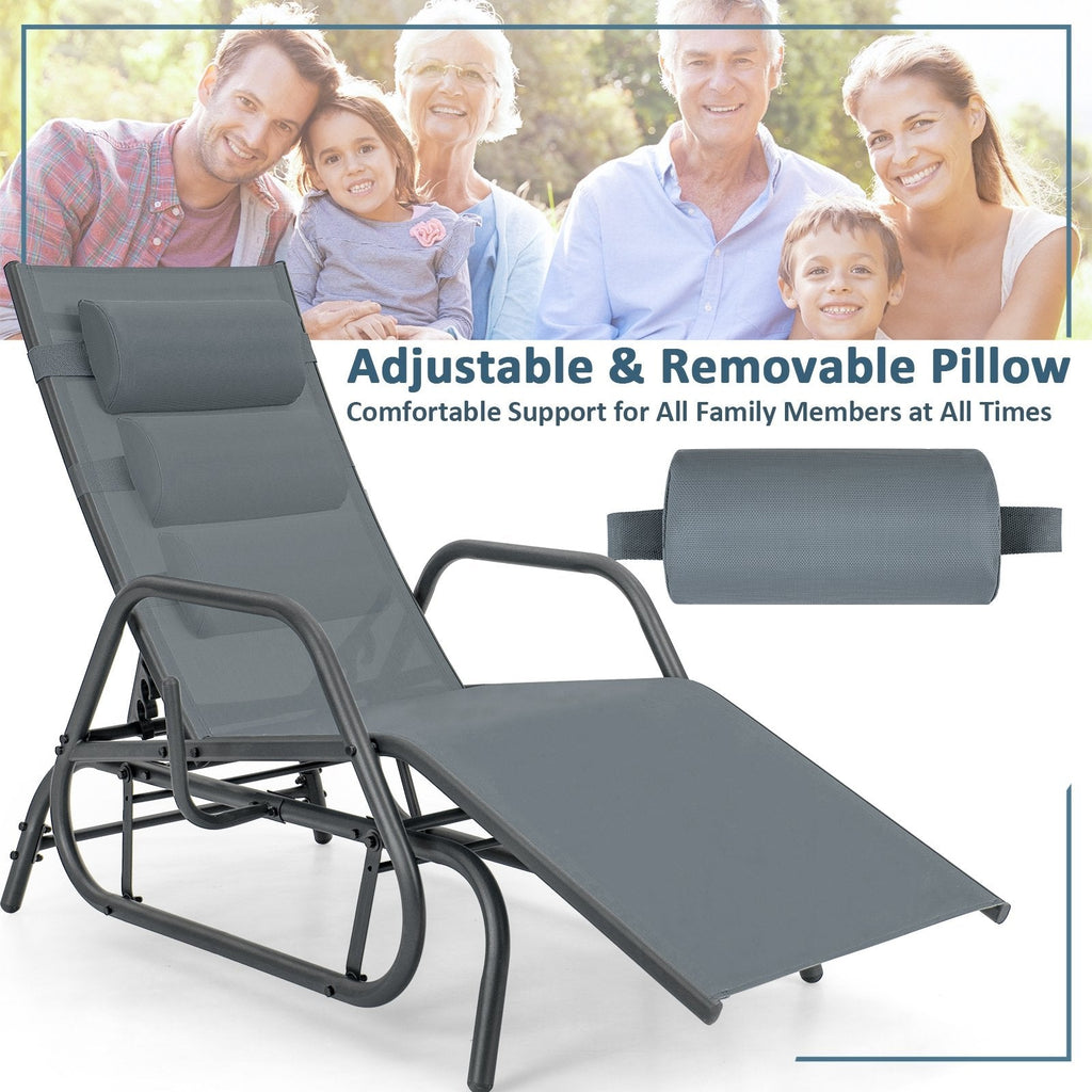 Outdoor Glider Chaise Lounge with Armrests and Adjustable Pillow, Gray