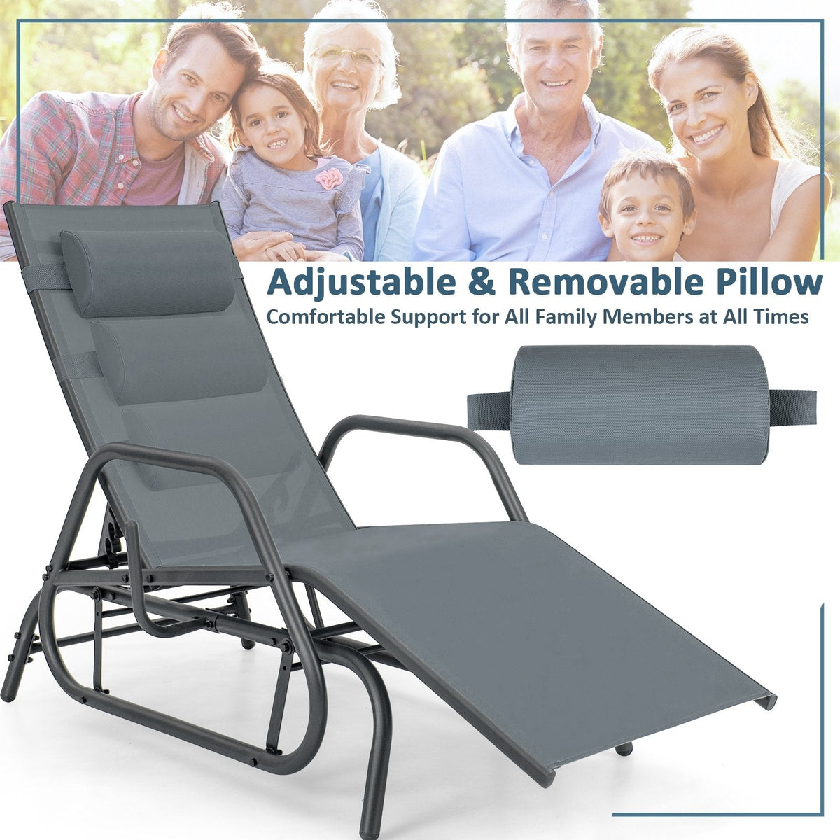 Outdoor Glider Chaise Lounge with Armrests and Adjustable Pillow, Gray