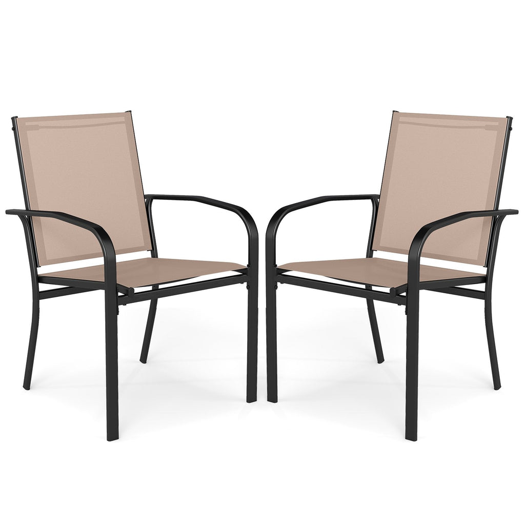 Outdoor Dining Chairs Set of 2 with High Back and Metal Frame-Light Brown