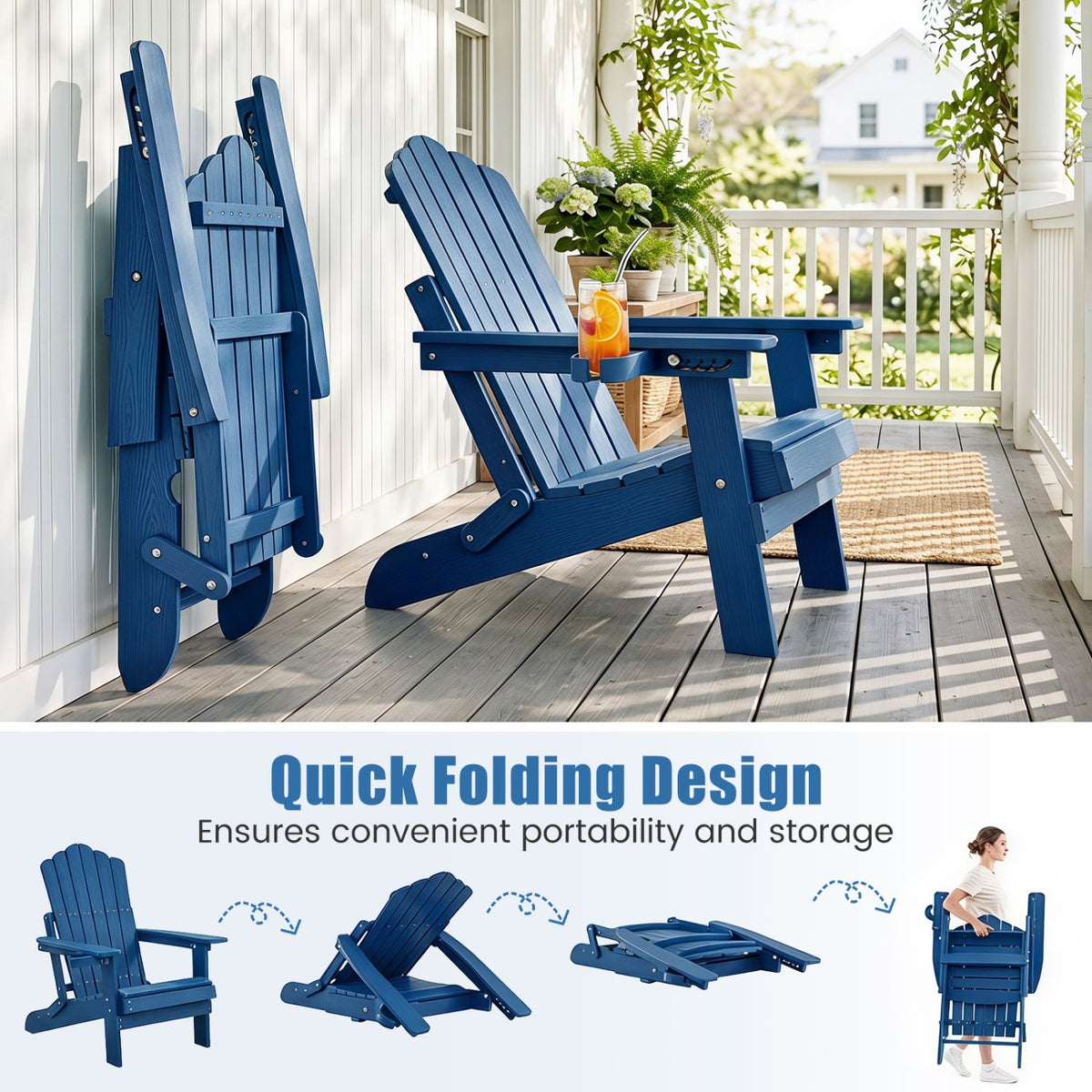 Outdoor Folding Adirondack Chair with Cup Holder and 5-Level Backrest-Navy
