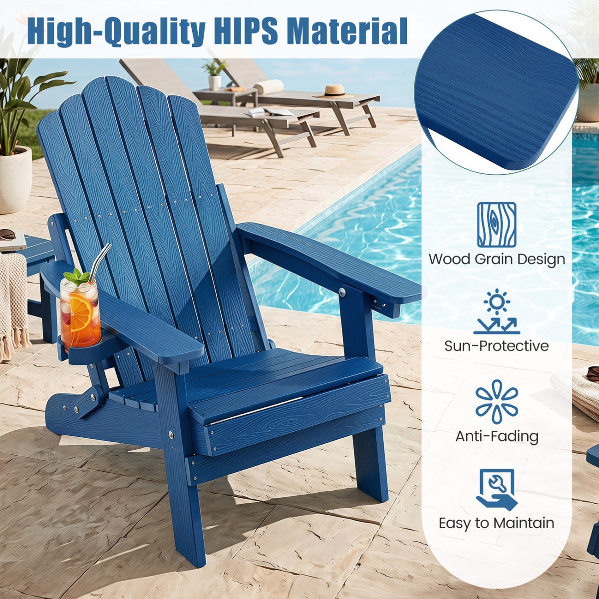 Outdoor Folding Adirondack Chair with Cup Holder and 5-Level Backrest-Navy