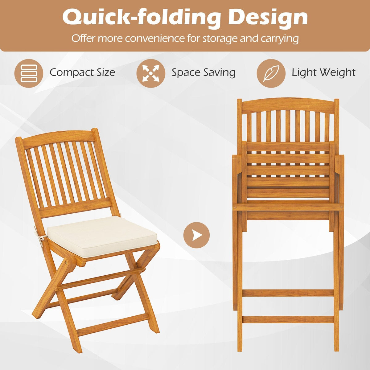 Outdoor Folding Chairs with Seat Cushions Set of 2-Beige