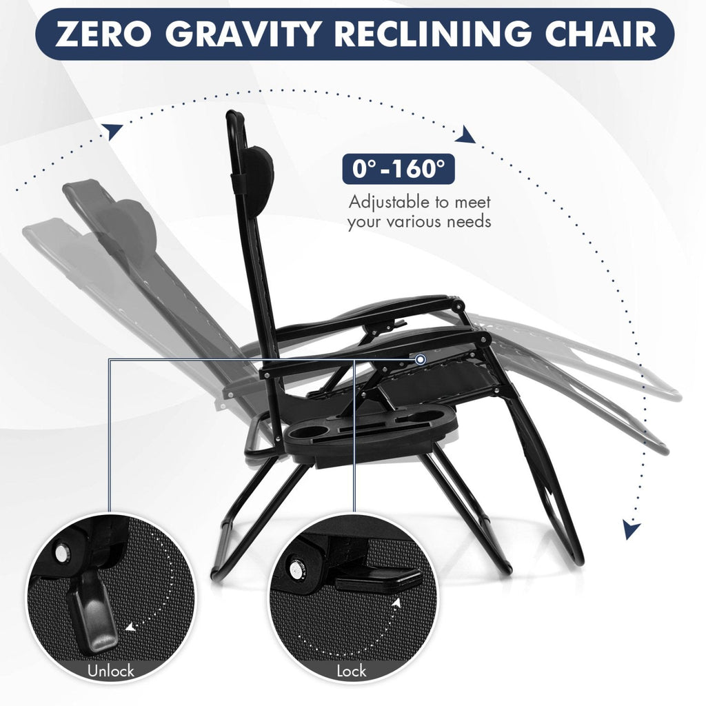 Outdoor Folding Zero Gravity Reclining Lounge Chair with Utility Tray-Black