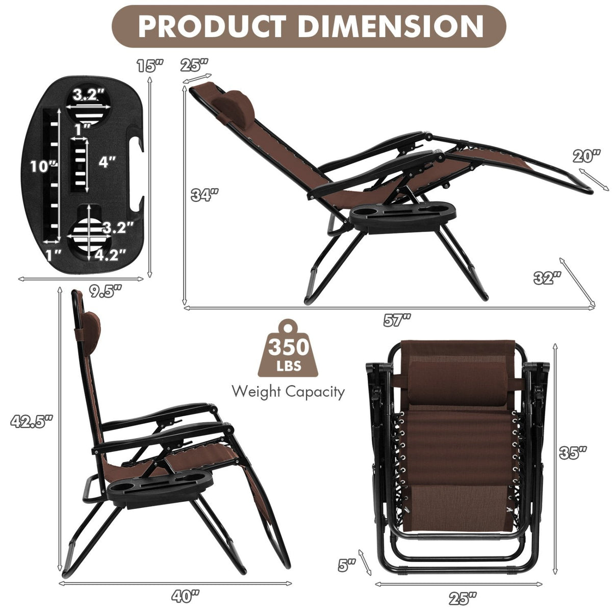 Outdoor Folding Zero Gravity Reclining Lounge Chair with Utility Tray-Brown