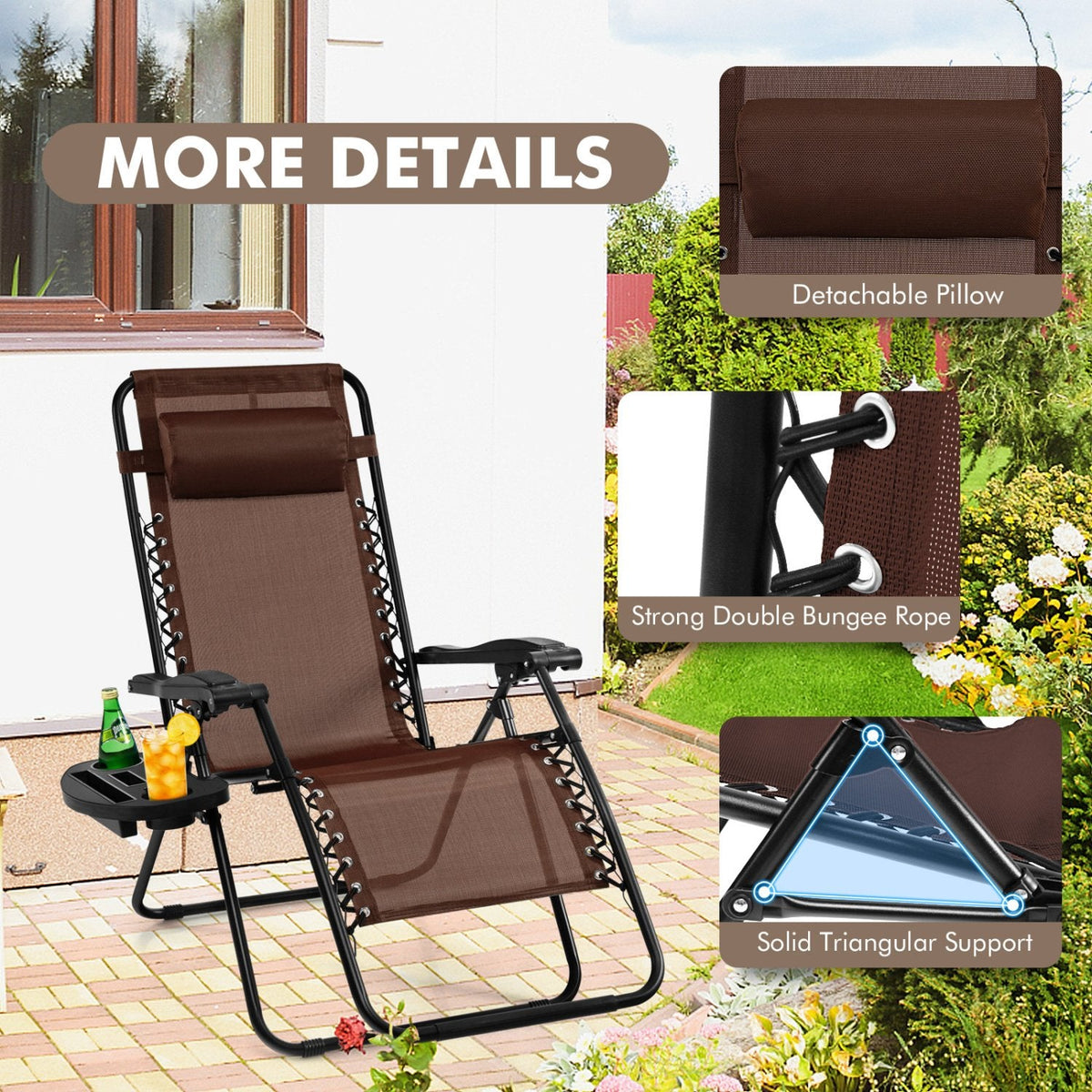 Outdoor Folding Zero Gravity Reclining Lounge Chair with Utility Tray-Brown