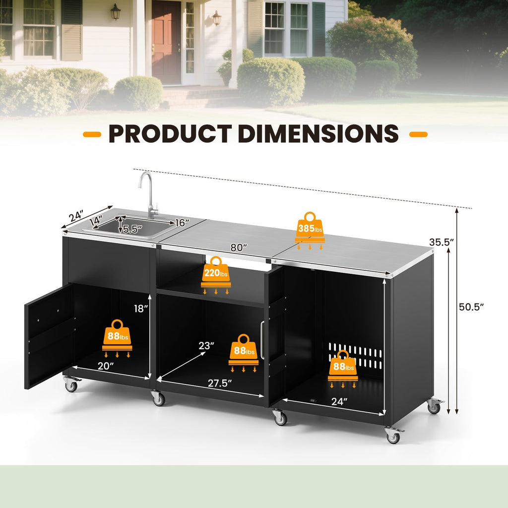 Outdoor Grill Table with Sink and Drainage Heavy Duty Metal Grill Cart-Black