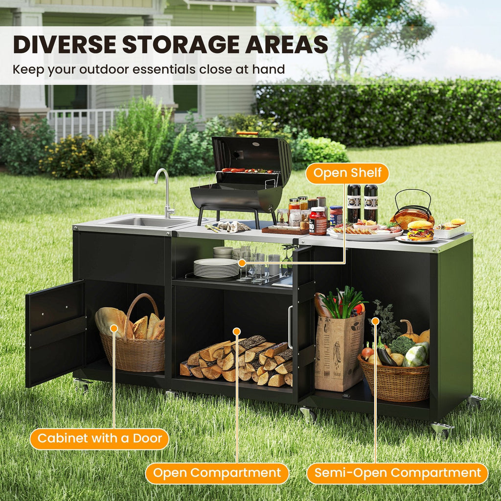 Outdoor Grill Table with Sink and Drainage Heavy Duty Metal Grill Cart-Black