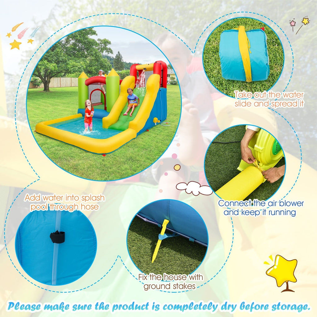 Castle Inflatable Bouncer with Water Slide, Splash Pool and 480W Blower