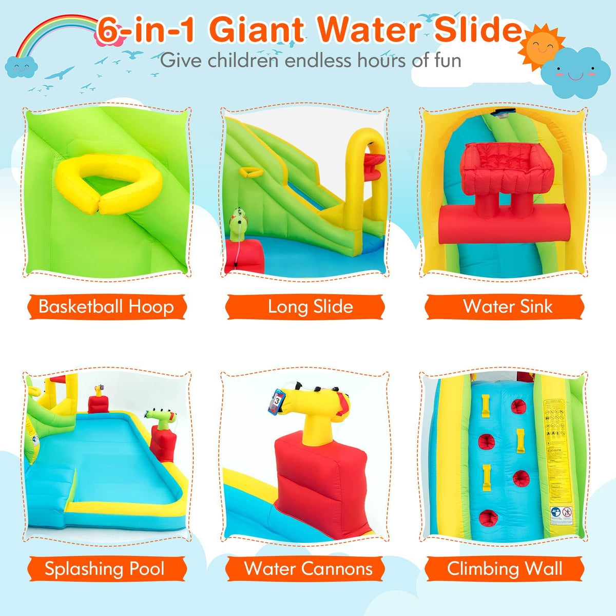 6-in-1 Inflatable Water Slide with Security Platform, Water Sink and 480W Blower