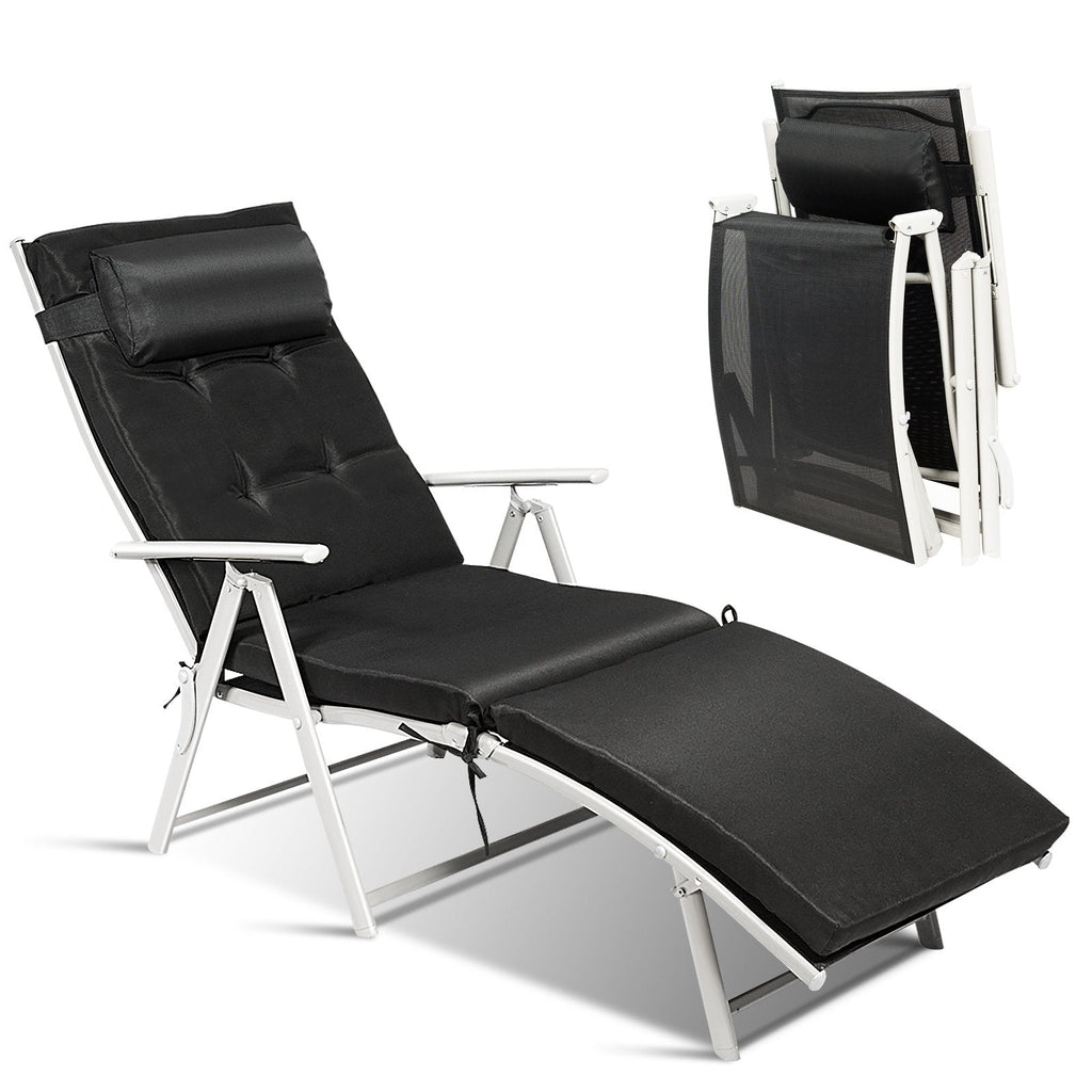 Folding Chaise Lounge with 7 Position Backrest, Cushion and Pillow, Black