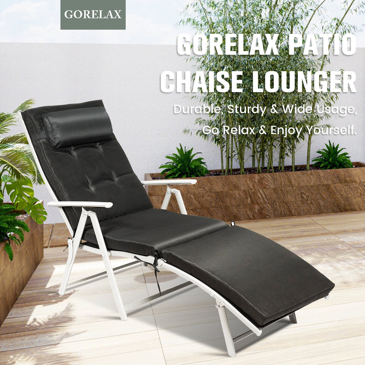 Folding Chaise Lounge with 7 Position Backrest, Cushion and Pillow, Black
