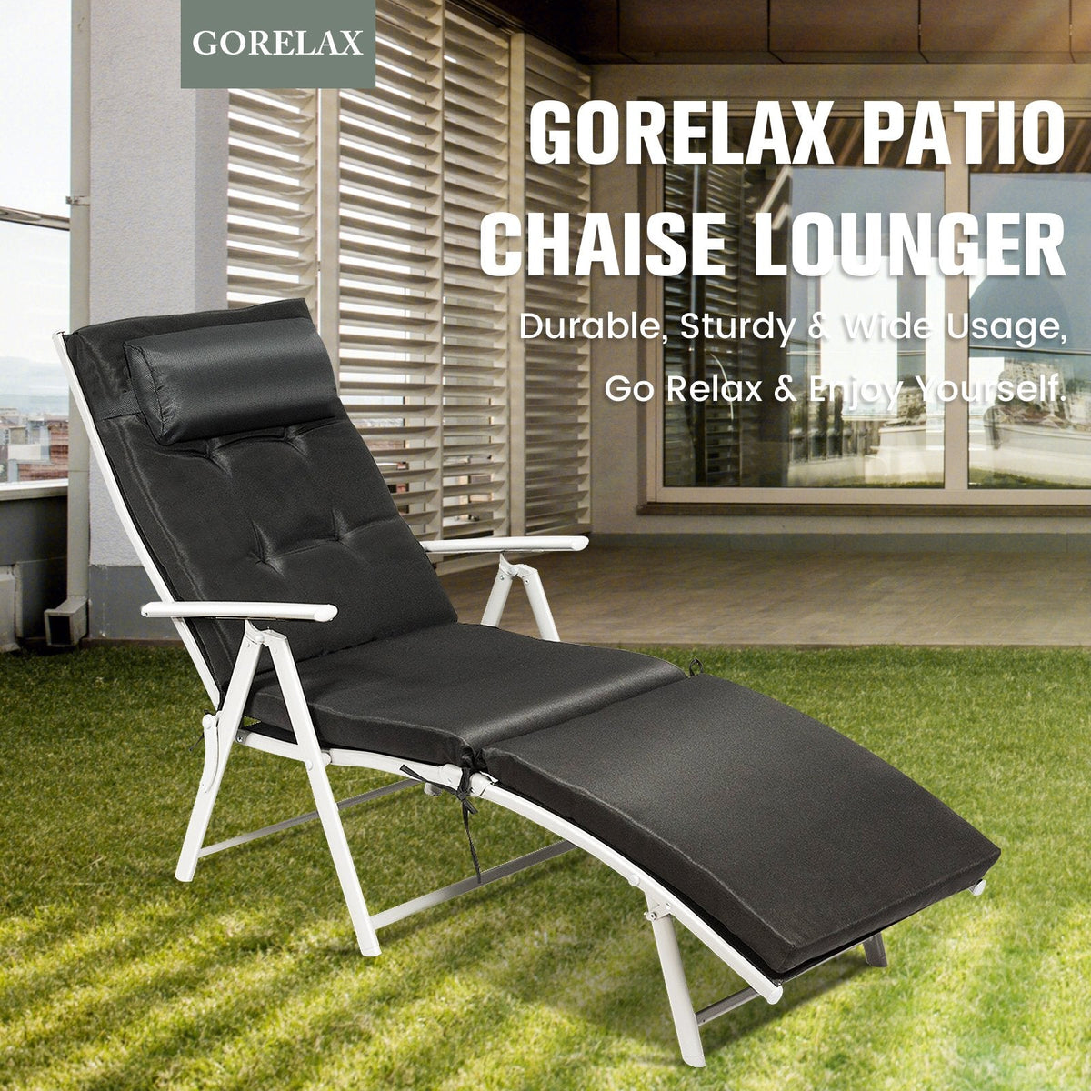 Folding Chaise Lounge with 7 Position Backrest, Cushion and Pillow, Black