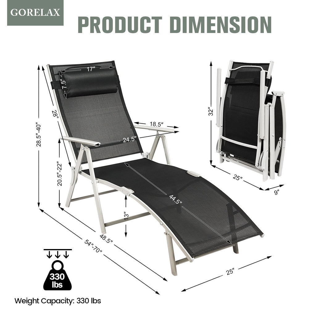 Folding Chaise Lounge with 7 Position Backrest, Cushion and Pillow, Black