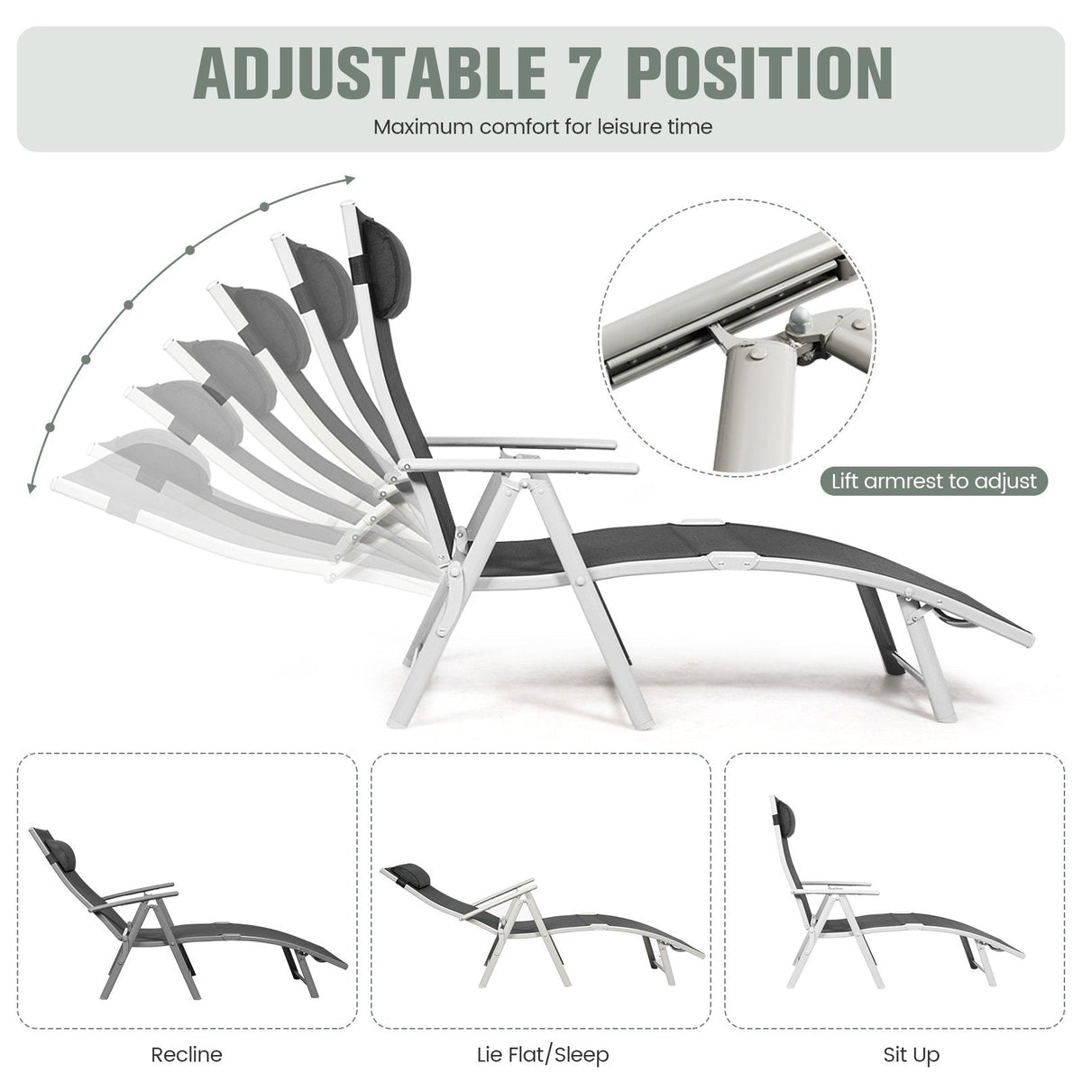 Folding Chaise Lounge with 7 Position Backrest, Cushion and Pillow, Black