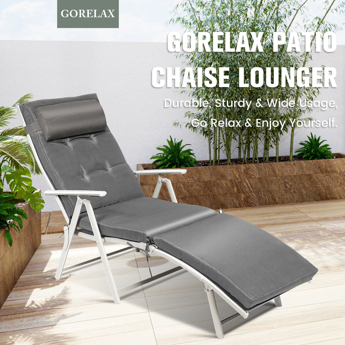 Folding Chaise Lounge with Removable Cushion and Pillow, 7 Positions, Gray