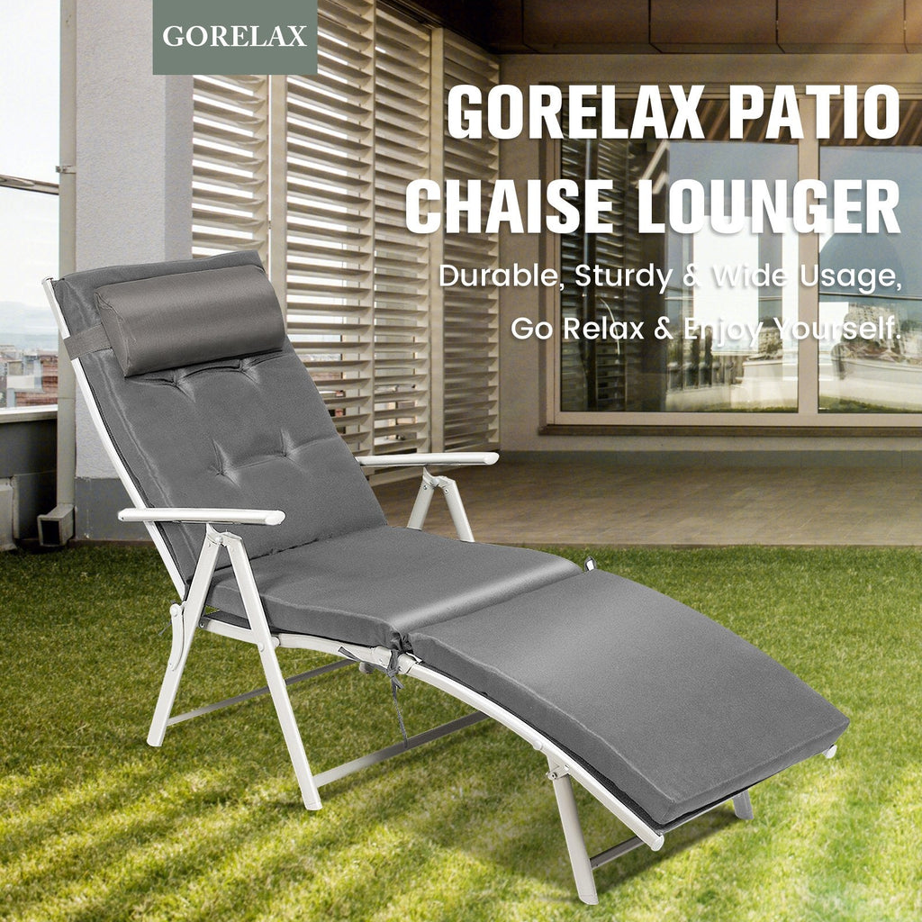 Folding Chaise Lounge with Removable Cushion and Pillow, 7 Positions, Gray