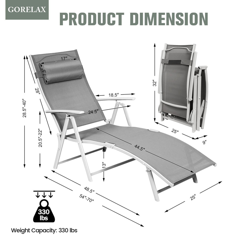 Folding Chaise Lounge with Removable Cushion and Pillow, 7 Positions, Gray